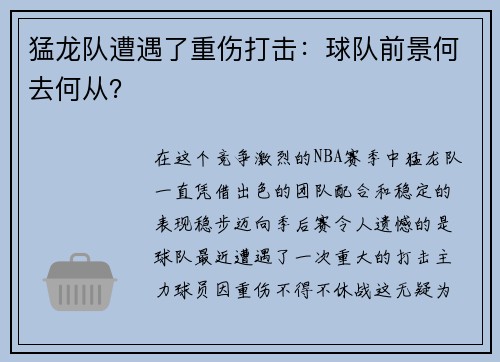 猛龙队遭遇了重伤打击：球队前景何去何从？