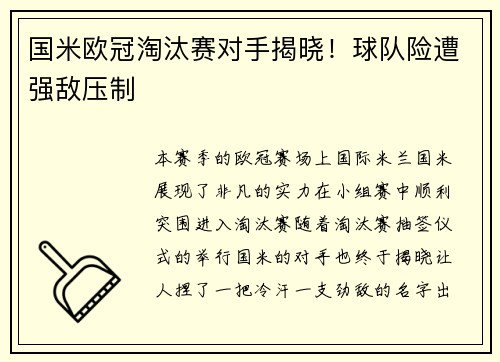 国米欧冠淘汰赛对手揭晓！球队险遭强敌压制